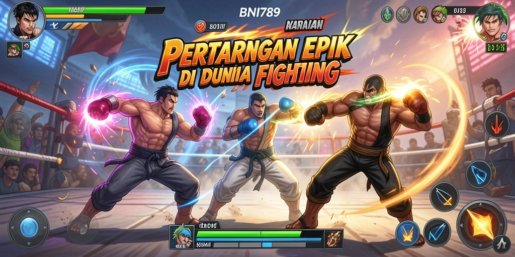 Tangkapan layar gameplay BNI789 menampilkan pertarungan yang intens dan karakter yang beragam.