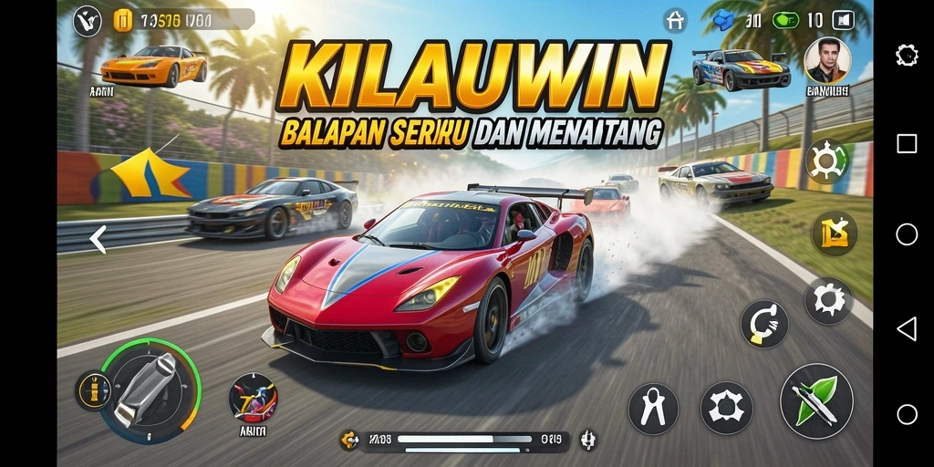 Tangkapan layar KILAUWIN menampilkan aksi balapan yang intens dan mendebarkan.
