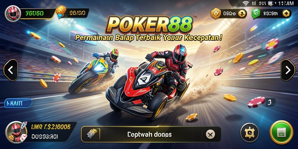 Screenshot utama POKER88 menampilkan aksi balap yang mendebarkan dan kendaraan cepat.